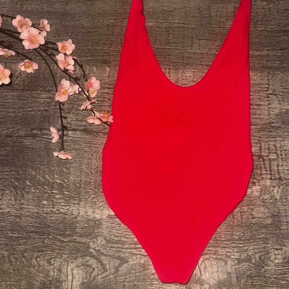 Fashion Nova Bodysuit Coral Red Low Back Deep Side High Leg Y2K Baddie Medium